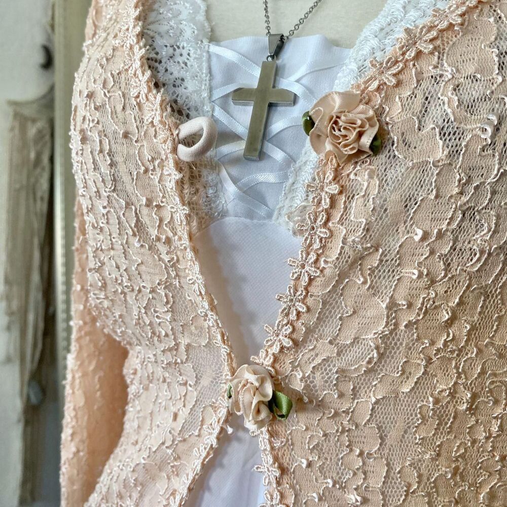 Blush Pink Vintage Fairy Coquette Whimsical Lace Rosebud Cardigan Plus 22 2XL - Picture 5 of 7